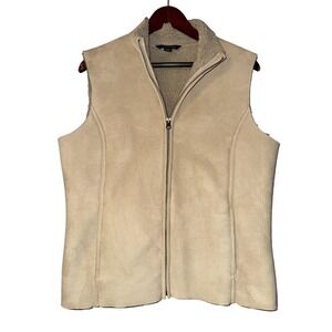 Lands' End Vest Womens M 10-12 Beige Suede Faux Fur Lined Zipper Pockets